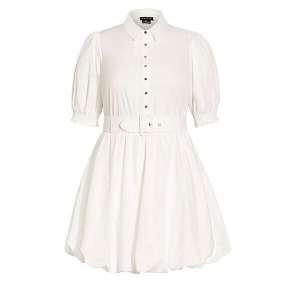 City chic NWT Emily ivory white collared sort sleeve bubble hem belted shirt dre - Picture 3 of 13